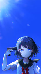 Rule 34 | 1girl, aoi thomas, black hair, black sailor collar, blue eyes, blue sky, blue theme, blush, bow, chromatic aberration, collarbone, commentary request, day, eyebrows hidden by hair, finger on trigger, gun, gun to head, hand up, handgun, highres, holding, holding gun, holding weapon, looking at viewer, original, outdoors, parted lips, pistol, red bow, sailor collar, school uniform, serafuku, shirt, short hair, short sleeves, sky, smile, solo, sunlight, upper body, weapon, white shirt