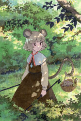 Rule 34 | 1girl, animal, animal ears, basket, black dress, blue capelet, blunt bangs, bush, capelet, closed mouth, commentary, dappled sunlight, day, dowsing rod, dress, dual wielding, grass, grey hair, highres, holding, holding with tail, jewelry, long sleeves, looking at animal, looking to the side, marker (medium), mouse, mouse ears, mouse girl, mouse tail, nature, nazrin, outdoors, pendant, prehensile tail, red eyes, shiratama (hockey), shirt, short hair, solo, sunlight, tail, touhou, traditional media, white shirt