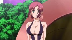 Rule 34 | 10s, animated, animated gif, bouncing breasts, breasts, cleavage, large breasts, lowres, red hair, rio -rainbow gate!-, rio rollins, screencap, short hair, slingshot swimsuit, super blackjack, swimsuit, wind