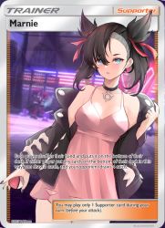 Rule 34 | 1girl, :o, absurdres, asymmetrical wings, bare shoulders, black choker, black hair, black jacket, black nails, blue eyes, blush, breasts, character name, choker, collarbone, cowboy shot, creatures (company), dress, earrings, english text, game freak, hair ribbon, highres, holding, holding poke ball, indoors, jacket, jewelry, long sleeves, looking at viewer, marnie (pokemon), medium breasts, nail polish, neon lights, nintendo, off shoulder, open clothes, open jacket, open mouth, pink dress, platinette, poke ball, poke ball (basic), pokemon, pokemon swsh, pokemon tcg, red ribbon, ribbon, short hair, short twintails, solo focus, team yell grunt, twintails, wings