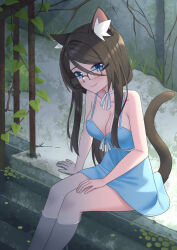 Rule 34 | 1girl, aina (mao lian), animal ear fluff, animal ears, bare legs, blue dress, blue eyes, breasts, cat ears, cat girl, cat tail, cleavage, closed mouth, dress, feet out of frame, glasses, handrail, highres, large breasts, looking at viewer, mao lian (nekokao), original, outdoors, rectangular eyewear, short dress, sitting, smile, soaking feet, solo, stairs, stone stairs, sundress, tail