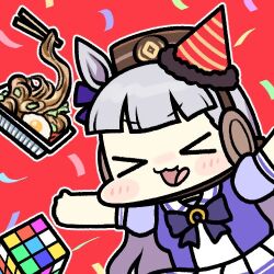Rule 34 | 1girl, animal ears, blunt bangs, blush, bow, bowtie, chibi, closed mouth, cube, egg (food), food, food in mouth, gold ship (umamusume), grey hair, hardboiled egg, hat, horse ears, horse girl, jazz jack, long hair, lowres, noodles, party hat, party popper, pillbox hat, ramen, rubik&#039;s cube, school uniform, shirt, simple background, solo, tail, tongue, tongue out, tracen school uniform, umamusume