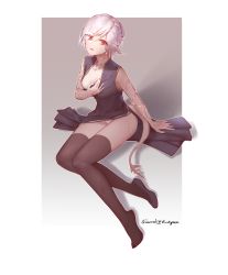 Rule 34 | 1girl, absurdres, au ra, warrior of light (ff14), black dress, black thighhighs, breasts, cleavage, commentary, dress, eyes visible through hair, final fantasy, final fantasy xiv, full body, grey background, hair bun, hair over one eye, hand on breast, highres, horns, looking at viewer, panties, parted lips, red eyes, scales, signature, single hair bun, solo, thighhighs, underwear, white background, white hair, white panties, wudiyishileiyu