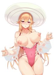 Rule 34 | 1girl, :o, azur lane, blonde hair, bouncing breasts, breasts, breasts out, collarbone, covered navel, cowboy shot, detached sleeves, frilled swimsuit, frills, groin, hat, highleg, highleg swimsuit, highres, large breasts, long hair, long sleeves, looking down, nipples, one-piece swimsuit, parted lips, pink one-piece swimsuit, red eyes, richelieu (azur lane), richelieu (fleuron of the waves) (azur lane), see-through, simple background, solo, straight hair, sun hat, swimsuit, thighs, unaligned breasts, very long hair, white background, white hat, zukanosuke