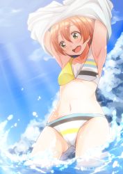 Rule 34 | 10s, 1girl, akihila, armpits, arms up, bikini, blue sky, brown hair, day, hoshizora rin, love live!, love live! school idol festival, love live! school idol project, multicolored stripes, ocean, open mouth, partially submerged, short hair, sky, smile, solo, striped bikini, striped clothes, summer, swimsuit, wading, water, yellow eyes