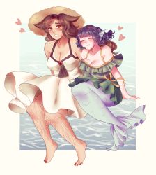 Rule 34 | 2girls, adapted costume, animal ears, arm hair, bare shoulders, barefoot, blue hair, blush, body hair, border, breasts, brown eyes, brown hair, cleavage, closed eyes, collarbone, dress, eyewear on head, fins, green dress, hat, head fins, heart, highres, imaizumi kagerou, invisible chair, large breasts, leg hair, long hair, mermaid, monster girl, multiple girls, nail polish, orz (kagewaka), parted lips, red nails, short hair, sitting, sleeveless, smile, sundress, sunglasses, tan, tanline, touhou, wakasagihime, water, werewolf, white border, white dress, wolf ears, yuri