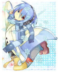 Rule 34 | 1boy, blue background, blue eyes, blue hair, blue scarf, coat, looking at viewer, male focus, multicolored coat, polka dot, polka dot background, puyopuyo, red eyes, red footwear, rento (rukeai), scarf, shoes, sig (puyopuyo), snowflakes, solo