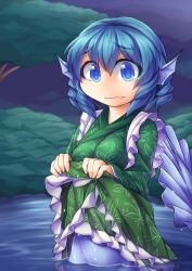 Rule 34 | 1girl, absurdres, blue eyes, blue hair, clothes lift, fins, fun bo, head fins, highres, japanese clothes, kimono, kimono lift, lifting own clothes, matching hair/eyes, mermaid, monster girl, partially translated, revision, sash, short hair, solo, symbol-shaped pupils, tears, touhou, translation request, wakasagihime, water, wet