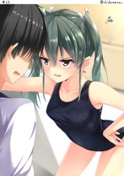 Rule 34 | &gt;:d, 10s, 1boy, 1girl, :d, alternate costume, bent over, black hair, collarbone, commentary request, contemporary, faucet, green hair, grey eyes, hair ribbon, hino (2nd life), kantai collection, long hair, one-piece swimsuit, open mouth, ribbon, school swimsuit, smile, swimsuit, twintails, twitter username, v-shaped eyebrows, wet, wet clothes, zuikaku (kancolle)
