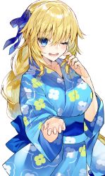 Rule 34 | 1girl, absurdres, bad id, bad twitter id, blonde hair, blue eyes, blush, braid, breasts, cleavage, collarbone, fate/apocrypha, fate (series), floral print, hair ribbon, highres, japanese clothes, jeanne d&#039;arc (fate), jeanne d&#039;arc (ruler) (fate), kimono, kou mashiro, large breasts, light blush, long braid, long hair, long sleeves, looking at viewer, one eye closed, open mouth, outstretched hand, ribbon, sash, simple background, single braid, solo, very long hair, white background, wide sleeves