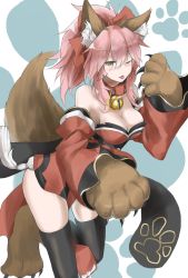 Rule 34 | &gt;;p, 1girl, animal ears, animal hands, bare shoulders, bell, black thighhighs, blush, bow, breasts, brown eyes, cleavage, collar, detached sleeves, fate/grand order, fate (series), fox ears, fox girl, fox tail, gloves, hair bow, highres, jingle bell, leaning forward, long hair, long sleeves, looking at viewer, medium breasts, neck bell, paw gloves, paw shoes, pink hair, ponytail, red bow, shirokuma1414, shoes, solo, tail, tamamo (fate), tamamo cat (fate), tamamo cat (first ascension) (fate), tamamo no mae (fate/extra), thighhighs, v-shaped eyebrows