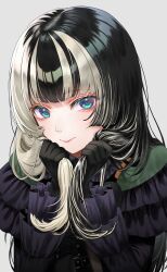 Rule 34 | 1girl, absurdres, black gloves, black hair, blue eyes, blunt bangs, dress, frilled dress, frilled sleeves, frills, gloves, grey background, grey hair, highres, holding, holding own hair, hololive, hololive dev is, juufuutei raden, landl, looking at viewer, multicolored hair, smile, solo, streaked hair, two-tone hair, upper body, virtual youtuber, white hair