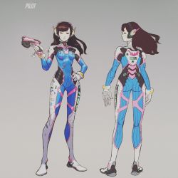 Rule 34 | 1girl, armor, ass, bodysuit, boots, breasts, brown eyes, brown hair, character name, clothes writing, d.va (overwatch), emblem, facepaint, facial mark, from behind, full body, gloves, gun, hand on own hip, handgun, headphones, high collar, highres, holding, holding gun, holding weapon, logo, long hair, looking at viewer, looking back, multiple views, mwo imma hwag, one eye closed, overwatch, overwatch 1, pilot suit, profile, shoulder pads, small breasts, swept bangs, thigh boots, thighhighs, turtleneck, weapon, whisker markings, white footwear, white gloves