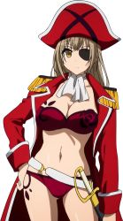 Rule 34 | 10s, 1girl, amagi brilliant park, belt, bra, breasts, brown eyes, brown hair, cleavage, extraction, eyepatch, female focus, hand on own hip, hat, highres, large breasts, long hair, looking at viewer, navel, one eye covered, panties, pirate, red bra, red hat, red panties, sento isuzu, solo, strapless, strapless bra, sword, transparent background, underwear, weapon