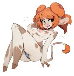 Rule 34 | 1girl, absurdres, animal ears, blush, breasts, commentary, cow ears, cow girl, cow tail, double bun, english commentary, freckles, full body, furry, furry female, green eyes, hair bun, highres, inverted nipples, looking at viewer, medium breasts, open mouth, orange hair, original, short hair, simple background, slugbox, smile, solo, sweat, tail, thick eyebrows, topless, white background