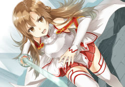 Rule 34 | 10s, 1girl, armor, asuna (sao), bad id, bad pixiv id, bare shoulders, breastplate, brown eyes, brown hair, detached sleeves, heirou, holding, long hair, open mouth, pleated skirt, skirt, solo, sword, sword art online, thighhighs, weapon, white thighhighs