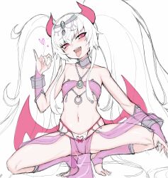 Rule 34 | 1girl, bandeau, bare shoulders, blush, bombergirl, breasts, bridal gauntlets, chain, circlet, demon girl, demon horns, demon wings, detached sleeves, grim aloe, highres, horns, jewelry, kneehighs, leggings, long hair, looking at viewer, navel, open mouth, pelvic curtain, quiz magic academy the world evolve, red eyes, red wings, senbei (avocadochaya), sidelocks, small breasts, smile, socks, solo, squatting, stirrup legwear, toeless legwear, tongue, tongue out, twintails, white hair, wings