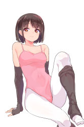 Rule 34 | 1girl, arm support, arm warmers, athletic leotard, ballerina, bare shoulders, bob cut, breasts, brown eyes, brown hair, covered navel, fingerless gloves, gloves, highres, konbu wakame, leaning back, leg lift, leg warmers, leotard, looking at viewer, medium breasts, original, pantyhose, short hair, simple background, sitting, solo, white background, white pantyhose
