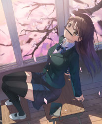 Rule 34 | 1girl, absurdres, black skirt, black thighhighs, blush, breasts, brown eyes, brown hair, cherry blossoms, classroom, closed mouth, collared shirt, desk, diary, highres, indoors, kimyo, long hair, long sleeves, looking at viewer, medium breasts, original, pencil, pencil as mustache, shirt, sitting, skirt, solo, thighhighs, uniform, window