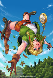 Rule 34 | 1girl, backflip, blonde hair, blue eyes, boots, bow (weapon), braid, brown footwear, compass, crossbow, darkereve, gloves, highres, hyrule warriors, leather, leather boots, leather gloves, linkle, midair, nintendo, pointy ears, skirt, solo, the legend of zelda, thigh boots, thighhighs, twin braids, upside-down, weapon
