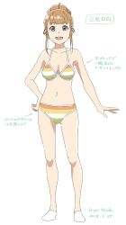 Rule 34 | 1girl, artist name, bikini, blunt bangs, breasts, brown hair, character name, commentary request, dated, full body, grey eyes, hand on own hip, highres, hiyori mizuki, looking at viewer, miyake hinata, multicolored bikini, multicolored clothes, navel, open mouth, shiny skin, signature, simple background, slippers, smile, sora yori mo tooi basho, striped bikini, striped clothes, swimsuit, translation request, white background