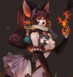 Rule 34 | 1girl, animal ears, bare shoulders, black hair, blood, breasts, cropped, earrings, elbow gloves, fangs, fire, gloves, half-closed eyes, jewelry, large breasts, long hair, magic, olivia (yh), open clothes, open mouth, original, pale skin, ponytail, simple background, vampire