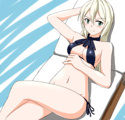Rule 34 | 1girl, absurdres, bikini, black bikini, blonde hair, blush, breasts, cleavage, crossed legs, female focus, green eyes, groin, heinrike prinzessin zu sayn-wittgenstein, highres, hiroshi (hunter-of-kct), large breasts, navel, noble witches, smile, solo, strike witches, striped, striped background, swimsuit, world witches series