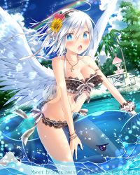 Rule 34 | 1girl, angel wings, bikini, black bikini, blue eyes, blush, bracelet, breasts, cleavage, cross, cross necklace, falkyrie no monshou, flower, hair flower, hair ornament, hairband, inflatable toy, inflatable whale, jewelry, large breasts, looking at viewer, natsumekinoko, navel, necklace, official art, open mouth, short hair, silver hair, sitting, sunflower, sunflower hair ornament, sweatdrop, swimsuit, wings