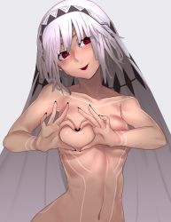 Rule 34 | 1girl, :p, altera (fate), areola slip, breasts, dark-skinned female, dark skin, fate/grand order, fate (series), grey background, heart, heart-shaped boob challenge, heart hands, i-pan, looking at viewer, medium breasts, nail polish, navel, nipple slip, nipples, red eyes, simple background, solo, tongue, tongue out, topless, veil, white hair