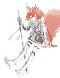 Rule 34 | 1girl, absurdres, animal ears, arknights, armor, boots, brown eyes, closed mouth, commentary request, flametail (arknights), full body, gauntlets, grey skirt, hair between eyes, highres, holding, holding sword, holding weapon, knee boots, long hair, pauldrons, red hair, shoe soles, shoulder armor, simple background, sketch, skirt, solo, sword, tail, uta shiro11, very long hair, weapon, white background, white footwear