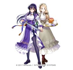 Rule 34 | 2girls, apron, asatani tomoyo, ayra (fire emblem), black footwear, black hair, blonde hair, breasts, brown footwear, brown pantyhose, commentary request, cup, dress, fire emblem, fire emblem: genealogy of the holy war, fire emblem: three houses, fire emblem heroes, flower, frilled apron, frills, full body, grey apron, holding, holding sword, holding tray, holding weapon, juliet sleeves, loafers, long hair, long sleeves, looking at viewer, maid, maid headdress, medium breasts, mercedes von martritz, multiple girls, nintendo, official alternate costume, official art, pantyhose, puffy sleeves, purple apron, purple eyes, purple flower, purple pantyhose, purple rose, rose, shoes, simple background, smile, standing, sword, teacup, teapot, tray, very long hair, waist apron, weapon, white background, white dress