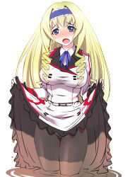 Rule 34 | 10s, 1girl, blonde hair, blue eyes, blush, cecilia alcott, clothes lift, drill hair, hairband, highres, infinite stratos, lifted by self, long hair, looking at viewer, mud, onsen tengoku, open mouth, pantyhose, school uniform, skirt, skirt lift, solo