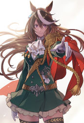 Rule 34 | 1girl, animal ears, ascot, black thighhighs, breasts, brown hair, cape, closed mouth, commentary request, epaulettes, frilled skirt, frills, gloves, gradient background, green jacket, green skirt, grey background, hair between eyes, highres, horse ears, jacket, long hair, long sleeves, looking at viewer, medium breasts, multicolored hair, outstretched arm, pleated skirt, purple eyes, red cape, shirt, single epaulette, skirt, smile, solo, streaked hair, symboli rudolf (umamusume), thighhighs, umamusume, very long hair, white ascot, white background, white gloves, white hair, white shirt, yuko (uc yuk)