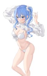 Rule 34 | 1girl, absurdres, alternate breast size, arms up, blue eyes, blue hair, blue nails, blush, bra, breasts, cleavage, closed mouth, clothes lift, feet out of frame, feint721, hair ornament, hair scrunchie, highres, hololive, hoshimachi suisei, medium breasts, navel, panties, scrunchie, side ponytail, sidelocks, simple background, solo, stomach, sweater, sweater lift, turtleneck, turtleneck sweater, underwear, virtual youtuber, wavy hair, white background, white bra, white panties, white sweater