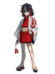Rule 34 | 1girl, alternate costume, bad id, bad twitter id, bare legs, closed mouth, expressionless, full body, geta, grey horns, hair between eyes, hand on own hip, haori, highres, horns, japanese clothes, karaori, kijin seija, kimono, long sleeves, looking at viewer, multicolored hair, obi, red eyes, red kimono, sandals, sash, shaded face, short kimono, simple background, solo, standing, streaked hair, touhou, white background, wide sleeves