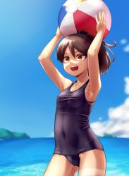 Rule 34 | 1girl, alternate costume, armpits, arms up, ball, beachball, black one-piece swimsuit, blue sky, breasts, brown eyes, brown hair, cloud, covered navel, cowboy shot, day, highres, holding, holding ball, holding beachball, kantai collection, ohaduke, one-piece swimsuit, outdoors, ponytail, school swimsuit, shikinami (kancolle), sky, small breasts, solo, standing, swimsuit