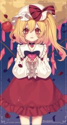 Rule 34 | 1girl, bare shoulders, black bow, black choker, blue background, blush, bow, bowtie, choker, collared dress, commentary request, crystal, detached sleeves, dress, fingernails, flandre scarlet, frills, gradient background, hair between eyes, hands up, hat, hat bow, heart, highres, jewelry, kyouda suzuka, long fingernails, long sleeves, looking at viewer, mob cap, moon, nail polish, one side up, open mouth, petals, puffy long sleeves, puffy sleeves, purple background, purple bow, purple bowtie, red bow, red dress, red eyes, red nails, short hair, smile, solo, standing, striped, striped bow, touhou, twitter username, white hat, wings
