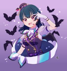 Rule 34 | 1girl, absurdres, alternate hairstyle, around the world (love live!), artist name, artist request, bat (animal), blue hair, blush, breasts, buttons, dress, drop earrings, earrings, female focus, floating hair, frilled dress, frills, gloves, half updo, hat, headphones, highres, jewelry, long hair, looking at viewer, love live!, love live! school idol festival, love live! school idol festival all stars, love live! sunshine!!, medium breasts, microphone, mini hat, neckwear request, parted lips, pink eyes, plaid, plaid dress, pleated, pleated dress, puffy short sleeves, puffy sleeves, purple background, purple dress, purple eyes, purple hat, purple ribbon, purple wings, ribbon, short sleeves, smile, solo, sparkle, star (symbol), tsushima yoshiko, upper body, v, v-shaped eyebrows, v over eye, white detached collar, white gloves, white neckwear, winged hat, wings