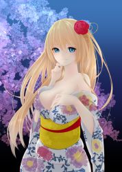 Rule 34 | 1girl, alternate costume, alternate eye color, black background, blonde hair, blue background, blue eyes, blush, breasts, cleavage, cowboy shot, finger to own chin, floral print, flower, hair flower, hair ornament, hand on own chest, highres, hina mochi, japanese clothes, kimono, looking at viewer, obi, off shoulder, ripples, sash, smile, solo, touhou, yakumo yukari, yukata