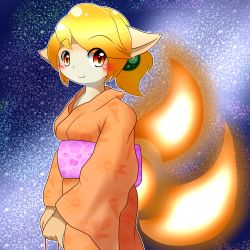 Rule 34 | 1girl, artist request, blonde hair, brown eyes, cat, furry, furry female, gradient background, highres, japanese clothes, short hair, solo