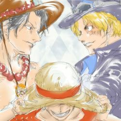 Rule 34 | 3boys, argyle, argyle background, argyle clothes, blonde hair, brothers, freckles, gradient background, hat, jacket, jewelry, male focus, monkey d. luffy, multiple boys, necklace, one piece, portgas d. ace, sabo (one piece), scar, siblings, stampede string, straw hat, topless male