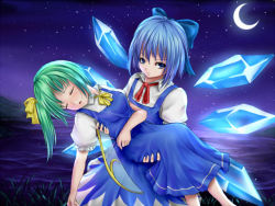 Rule 34 | 2girls, :o, blue eyes, blue hair, carrying, cirno, crescent moon, daiyousei, dress, fairy wings, female focus, grass, green hair, lake, leaning, lely, looking at viewer, moon, multiple girls, night, night sky, princess carry, ribbon, short hair, short sleeves, side ponytail, sky, touhou, unconscious, wings
