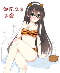 Rule 34 | 10s, 1girl, animal print, bare shoulders, beans, bikini, black hair, blush, bottle, box, breasts, cleavage, dated, glasses, green eyes, hair between eyes, hairband, horns, kantai collection, long hair, navel, ooyodo (kancolle), parted bangs, setsubun, sitting, smile, solo, sotogawa max, swimsuit, tiger print