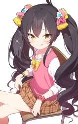 Rule 34 | 1girl, ahoge, black hair, bow, bracelet, chair, clothes lift, crossed legs, doremi (doremi4704), female focus, hair bow, hair ornament, highres, idolmaster, idolmaster cinderella girls, jewelry, licking lips, lifted by self, long hair, looking at viewer, matoba risa, plaid, plaid skirt, pleated, pleated skirt, school uniform, scrunchie, simple background, sitting, skirt, skirt lift, smile, solo, sparkle, sweater vest, thighs, tongue, tongue out, tsurime, twintails, very long hair, white background, wrist scrunchie, yellow eyes