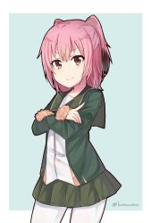 Rule 34 | &gt;:), 10s, 1girl, black hair, brown eyes, colored tips, crossed arms, green jacket, green skirt, hair between eyes, highres, jacket, kantai collection, kunashiri (kancolle), long sleeves, multicolored hair, pantyhose, pink hair, pleated skirt, short hair, skirt, smile, solo, twitter username, two side up, v-shaped eyebrows, white pantyhose, zhi zhi/zu zu