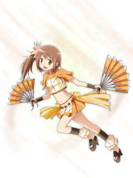 Rule 34 | 1girl, :d, brown hair, crop top, hand fan, female focus, from side, full body, gem, highres, japanese clothes, kinfuji, long hair, looking at viewer, magia record: mahou shoujo madoka magica gaiden, magical girl, mahou shoujo madoka magica, midriff, miniskirt, navel, open mouth, orange eyes, platform clogs, platform footwear, running, side ponytail, skirt, smile, solo, yui tsuruno