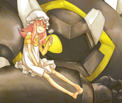 Rule 34 | 00s, 1girl, barefoot, bolton (casshern sins), casshern (series), casshern sins, closed eyes, flower, frills, full body, hat, helmet, machinery, mob cap, nico, nico (casshern sins), pink hair, robot, sitting, size difference, toes