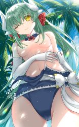 Rule 34 | 1girl, aqua hair, blue one-piece swimsuit, blue sky, breasts, clothes pull, day, detached collar, dragon girl, dragon horns, elbow gloves, fate/grand order, fate (series), flower, gloves, hair censor, hair flower, hair ornament, horns, kiyohime (fate), kiyohime (fate/grand order), kiyohime (swimsuit lancer) (fate), kiyohime (swimsuit lancer) (second ascension) (fate), long hair, medium breasts, morizono shiki, multiple horns, navel, one-piece swimsuit, one-piece swimsuit pull, one eye closed, outdoors, palm tree, red flower, sky, smile, solo, swimsuit, tree, undressing, white gloves, yellow eyes