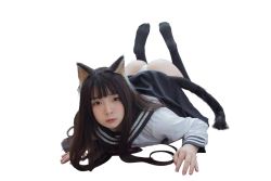 Rule 34 | 1girl, aged down, animal ears, asian, ass, black tail, black thighhighs, brown eyes, brown hair, cat ears, eyebrows, fake animal ears, fake tail, female focus, full body, japanese clothes, legs, long hair, looking at viewer, lying, model request, on stomach, panties, photo (medium), raku66, raku (cosplayer), school uniform, skirt, solo, source request, tagme, tail, thighhighs, transparent background, underwear, uniform