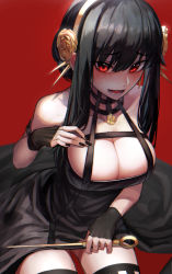 Rule 34 | 1girl, absurdres, bare shoulders, black dress, black gloves, black hair, black nails, black thighhighs, blush, breasts, cleavage, collarbone, dagger, dress, fingerless gloves, flower, from above, gilmang, gloves, gold hairband, hair flower, hair ornament, hairband, hand up, highres, holding, holding dagger, holding knife, holding weapon, knife, large breasts, long hair, looking at viewer, nail polish, open mouth, raised eyebrows, red background, red eyes, rose, sidelocks, simple background, sitting, smile, solo, spikes, spy x family, teeth, thighhighs, two-sided dress, two-sided fabric, weapon, yor briar